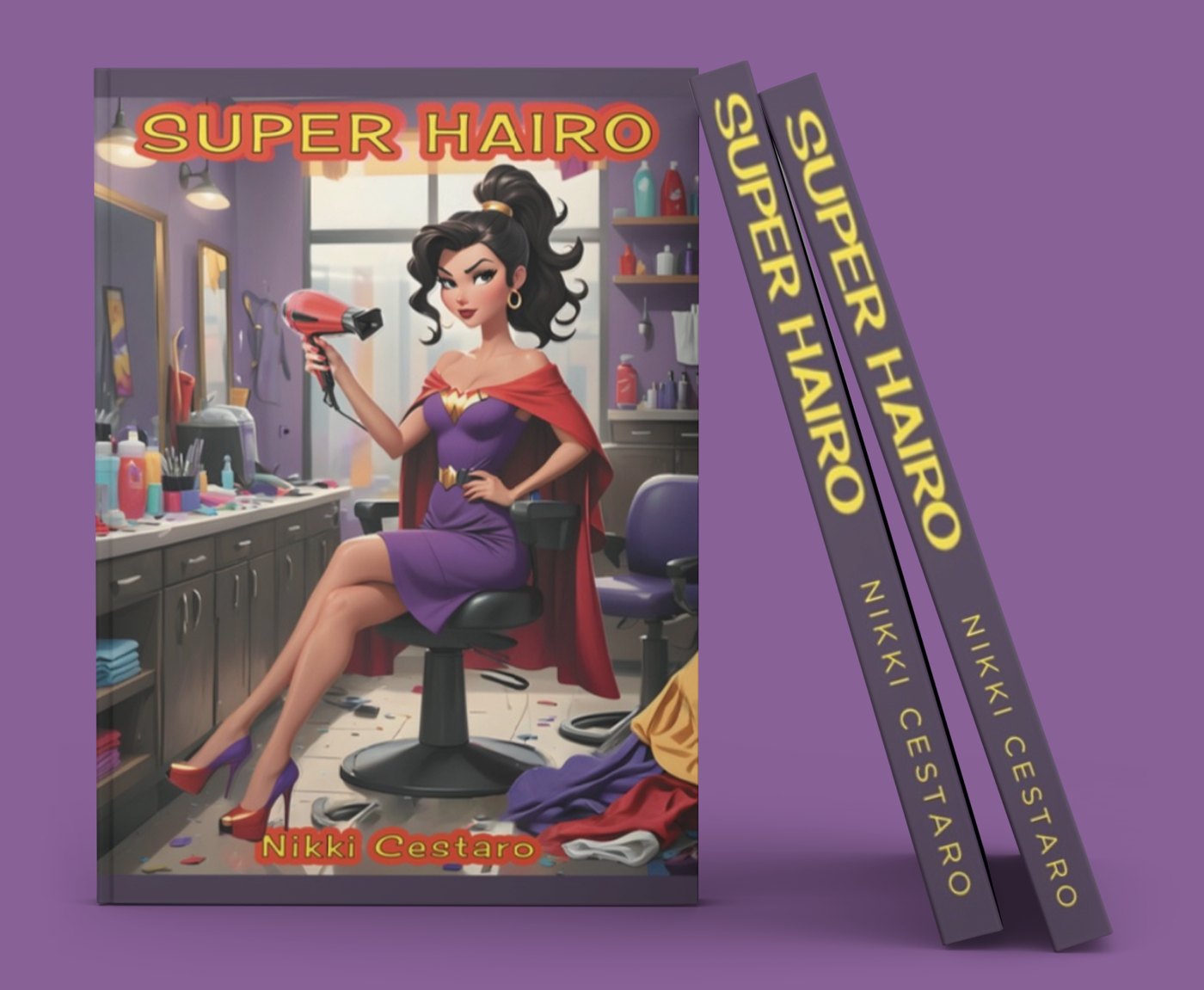 Illustration of Nikki Cestaro as a flying superhero holding a hair dryer